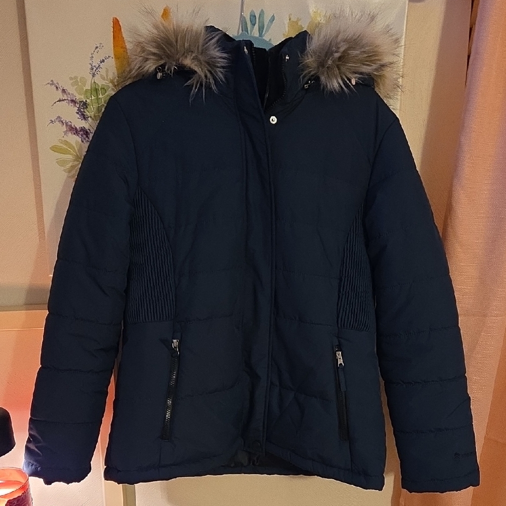 Free Country Dark Blue Puffer Jacket with Faux Fur Trim